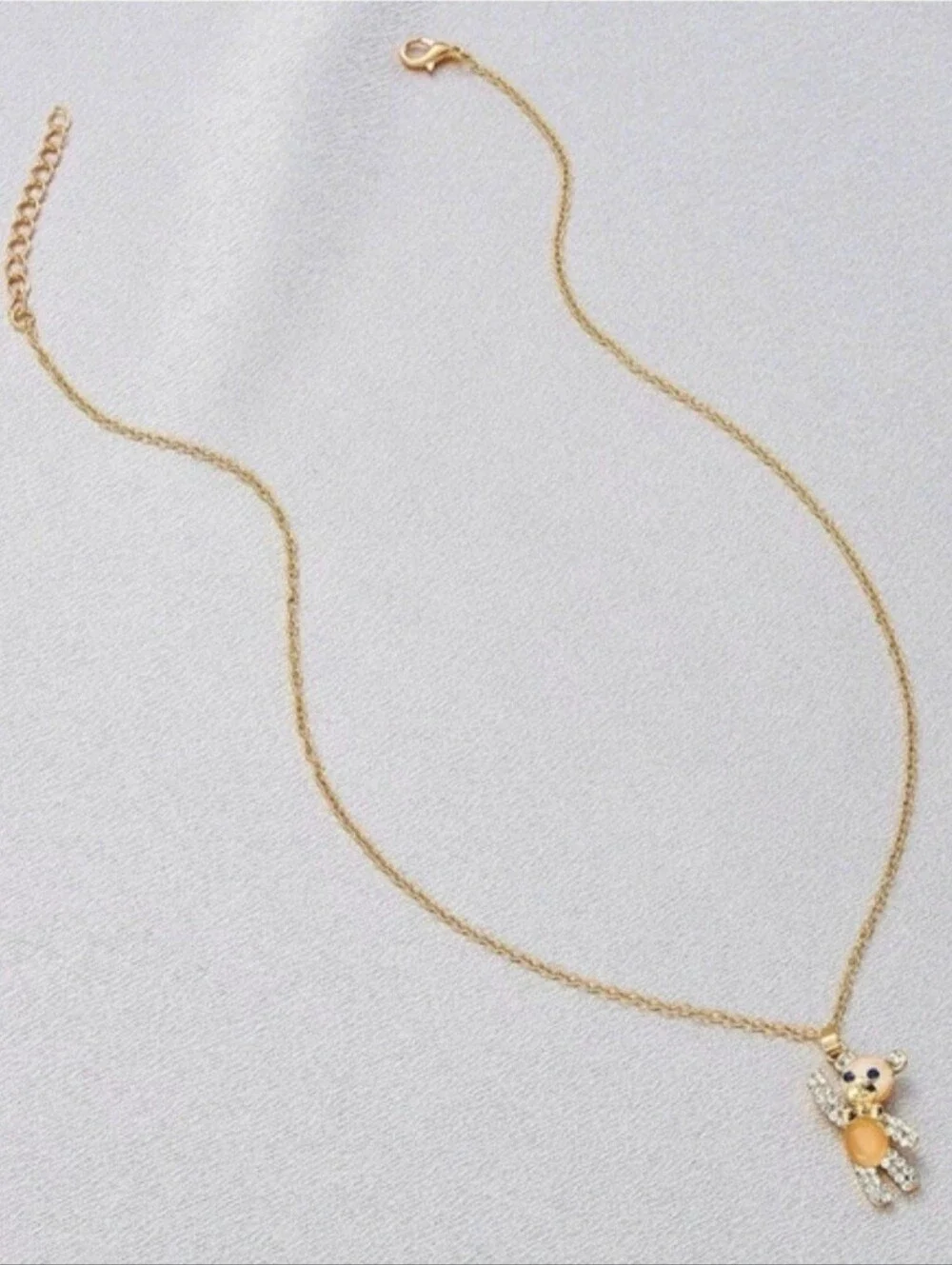 Gold Teddy Bear Cats Eye Gemstone Rhinestone Necklace Necklaces